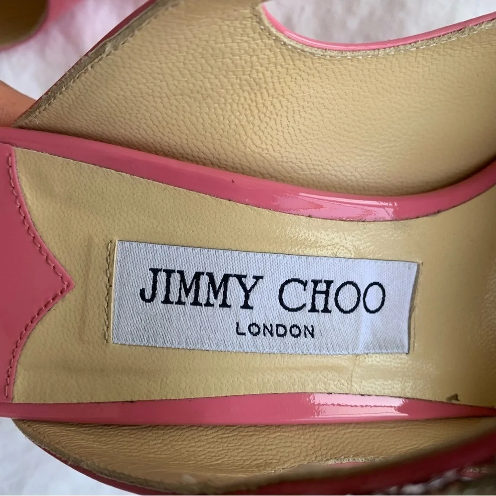 Jimmy Choo Bing 100 Shiny Patent Leather Crystal Stiletto Heels Bubble Pink - Picture 9 of 16